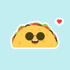 Vector illustration with mexican tacos kawaii food. The tortilla is going to tacos. Cute cartoon illustration isolated on color background. kawaii and cute Tacos  Mexican food kids menu, card concept