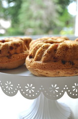 Fruit sponge cakes served on a decorative dish on a kitchen counter top.