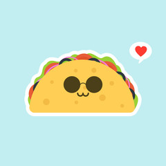 funny tacos. Taco mexican food. Vector illustration. tacos kawaii food. The tortilla is going to tacos. Cute cartoon illustration isolated on color background. kawaii and cute Tacos  Mexican food kids