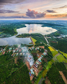 Aerial view of  To Nung lake or T&rsquo;nung lake near  Pleiku city, Gia Lai province, Vietnam. To Nung lake or T&rsquo;nung lake on the lava background of a volcano that has stopped working