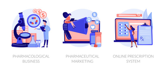 Pharmacological internet service development and promotion. Pharmacological business, pharmaceutical marketing, online prescription system metaphors. Vector isolated concept metaphor illustrations.
