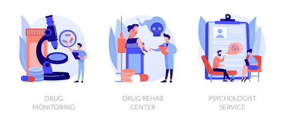 Addiction treatment, narcotic addict medication, recovery and rehabilitation. Drug monitoring, drug rehab center, psychologist service metaphors. Vector isolated concept metaphor illustrations.