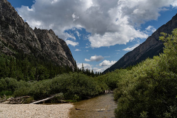 Grand mountains Grand Tetons in Wyoming. Mountain landscape with spring waters and mountain lakes. Blue sky. White clouds. Deep forest woods. 