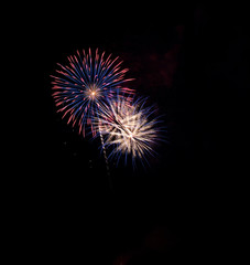 Blue white and Pink fireworks exploding in the air with copy space