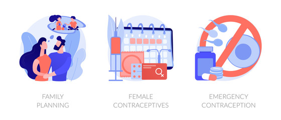 Fototapeta na wymiar Child birth control, pregnancy prevention, prophylactic means. Family planning, female contraceptives, emergency contraception metaphors. Vector isolated concept metaphor illustrations.