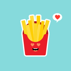 french fries  isolated on color . Funny food story conceptual banner. Fresh cooked potatoes character in cartoon style. Happy meal for children. Childish menu poster. Vector illustration