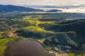 Aerial view of Ngo Son rice field, Gia Lai, Vietnam. Royalty high-quality free stock Panorama image landscape of terrace rice fields in Vietnam