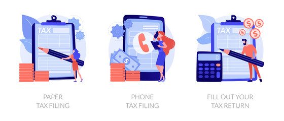 Revenue declaration ways, convenient methods, reporting on paper and by phone. Paper tax filing, phone tax filing, fill out your tax return metaphors. Vector isolated concept metaphor illustrations.