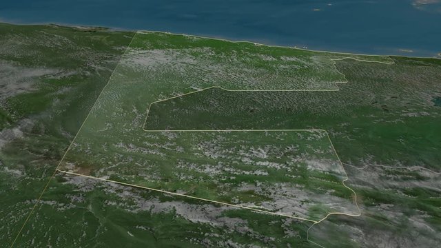 Sandaun, province with its capital, zoomed and extruded on the satellite map of Papua in the conformal Stereographic projection. Animation 3D