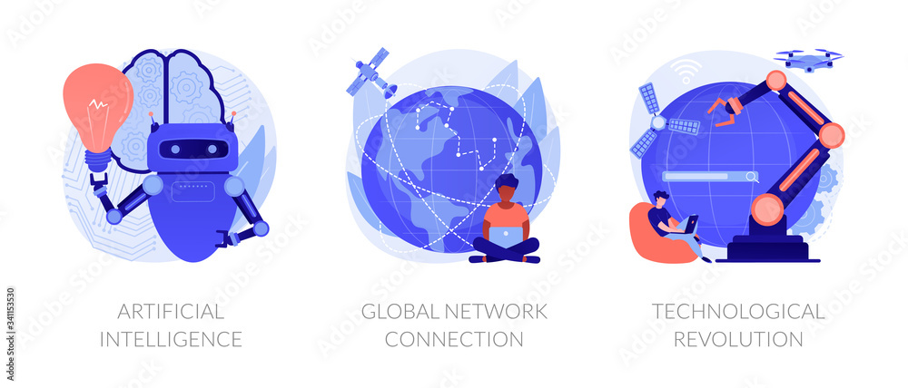 Poster modern technologies progress metaphors. artificial intelligent, global network connection, technolog