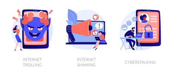 Cyberbullying metaphors set. Internet trolling, shaming, cyberstalking. Online abuse, threatening and humiliation. Aggressive behaviour in cyberspace. Vector isolated concept metaphor illustrations