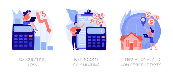 Company profit and loss flat icons set. Investment taxation. Calculating loss, calculating net income, international and non-resident taxes metaphors. Vector isolated concept metaphor illustrations