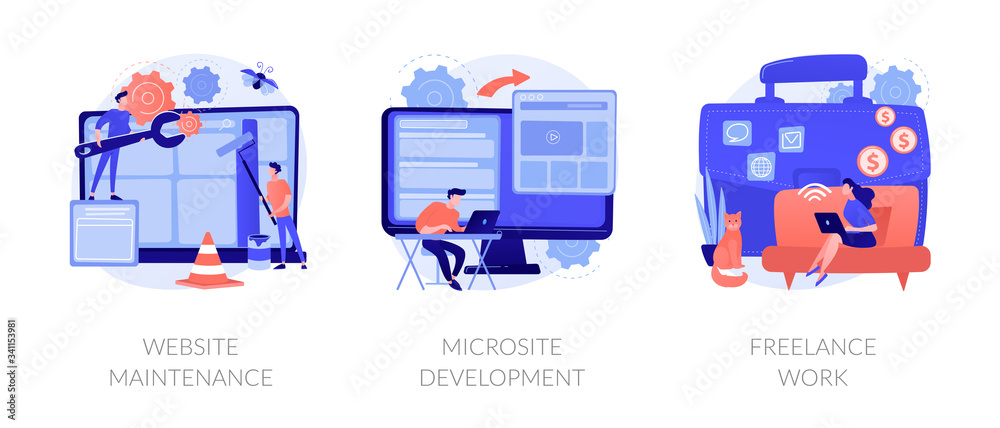 Poster web design, programming and coding idea. remote job, freelancer cartoon character. website maintenan