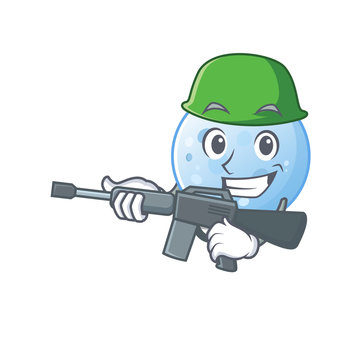 A cartoon picture of blue moon in Army style with machine gun