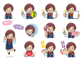 銀行員の女性バリエーション　初心者マーク　スマートフォン　タブレット　虫眼鏡　クレジットカード　ハート　OK　NO