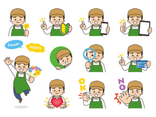 花屋の男性バリエーション　初心者マーク　スマートフォン　タブレット　虫眼鏡　クレジットカード　ハート　OK　NO