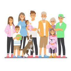 Big happy family portrait. Vector people. Father, mother, grandfather,grandmother, children and pet.