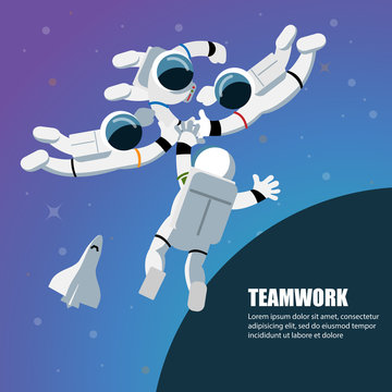 Astronauts Teamwork Working Together, People Teamwork ,Vector Illustration Cartoon Character.