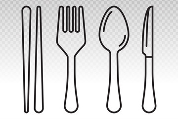 equipment dining silverware or tableware vector line art icon ( spoons, knife, chopsticks and fork) on a transparent background