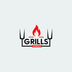 Vintage Grill Barbeque barbecue bbq with crossed fork and fire flame Logo design