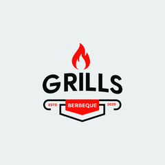 Vintage Grill Barbeque barbecue bbq with crossed fork and fire flame Logo design