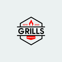 Vintage Grill Barbeque barbecue bbq with crossed fork and fire flame Logo design