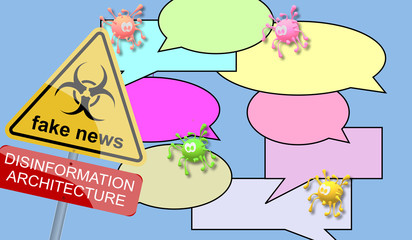 Organized attack, disinformation architecture with simulated drawing of the Covid-19 in dialog balloons. Illustration with the Biohazard Symbol. Fake news in the text. Traffic signal, road transport.
