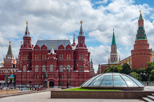 Moscow. Russia. Historical Museum on Manezhnaya square. Monuments Of Moscow. Monument to Marshal Zhukov. The glass dome at the Manege square. Kremlin on a summer day. Sights of the capital of Russia.