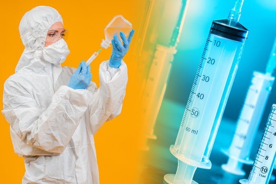 A lab technician in a protective suit and glasses dials medicine into a syringe. A chemist uses a syringe to measure a certain amount of a substance. Intramuscular administration of the vaccine.