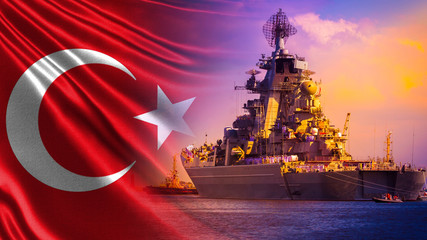 Parade of Turkish ships. The naval forces of Turkey. A Turkish ship with sailors in their best...