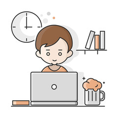 Working at home. Office work and remote work, freelance. Young man working on computer.