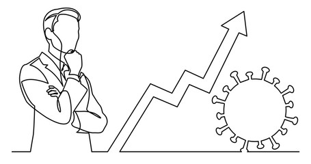continuous line drawing of man concerning about number of coronavirus cases skyrocketing