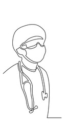 continuous line drawing of doctor portrait in mask with stethoscope