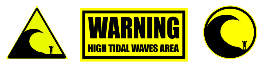 Set of danger signs of a zone of high waves on a yellow background. Isolated vector