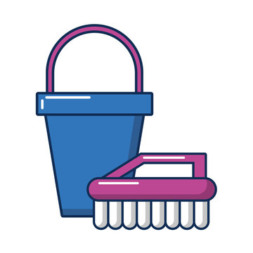 housekeeping plastic bucket with brush flat style icon