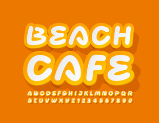 Vector bright sign Beach Cafe with handwritten sticker Font. Yellow and White Alphabet Letters and Numbers