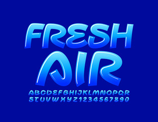 Vector creative sign Fresh Air with Blue Glossy Font. Handwritten Alphabet Letters and Numbers
