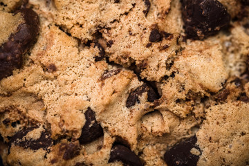 Detail of handmade chocolate chip cookie on dark blue background