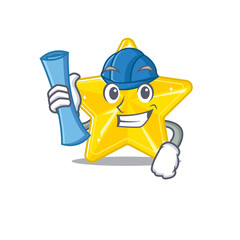 Cartoon character of shiny star brainy Architect with blue prints and blue helmet