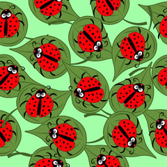 Ladybugs with leaves seamless fabric pattern.