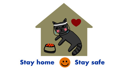 illustration of cat with face shield inside a house