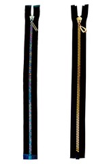 Collection of isolated golden and rainbow silver zippers on white background. 