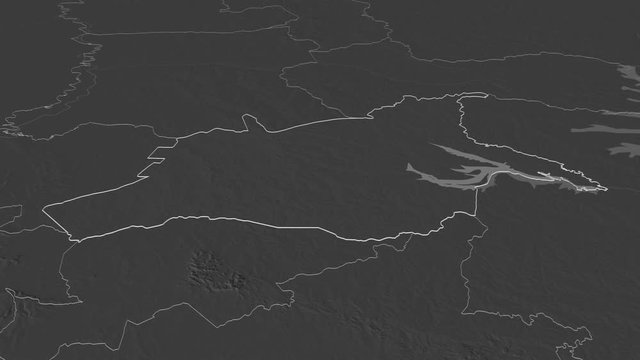 Caaguaz&uacute;, department with its capital, zoomed and extruded on the bilevel map of Paraguay in the conformal Stereographic projection. Animation 3D