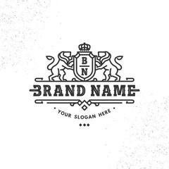 Lion Royal logo design with vintage retro hipster badge emblem label vector