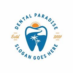 Dental Paradise for dentist logo design vector with sunset or sunrise on river mountain landscape