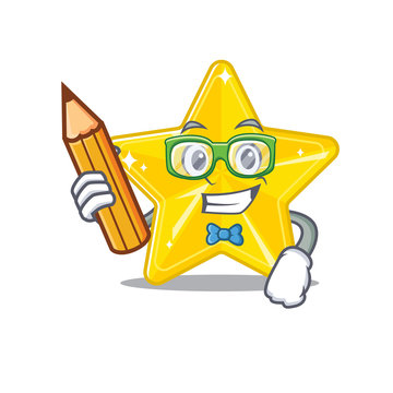 A brainy student shiny star cartoon character with pencil and glasses