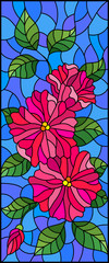 Fototapeta na wymiar Illustration in stained glass style with abstract intertwined pink flowers and leaves on blue background,vertical orientation
