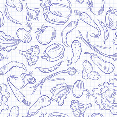 Seamless pattern on the theme of vegetables and healthy food, blue  contour  icons on the clean writing-book sheet in a cage