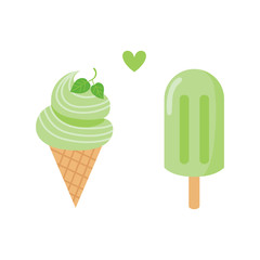 Green tea ice cream isolated on white background
