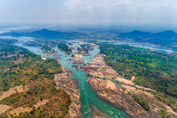 Aerial view of Li Phi waterfall in Laos - Tat Somphamit, don khone, si phan don on four thousand...
